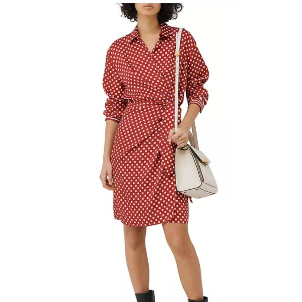 Marella Bavero Printed geometric red white wrap Shirt mini Dress size 6
